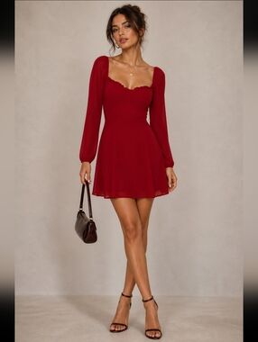 Reformation Lipstick Red Square-Neck Long Sleeve Mini Dress